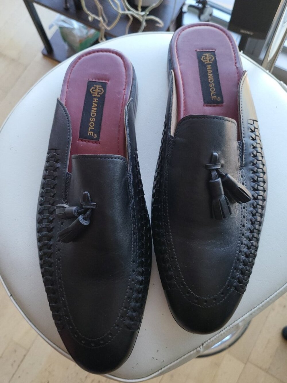 Men's Handsole Black Backless Mule Loafers w/Burnished Patina Woven leather